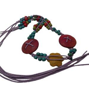 Wood bead Macramé Belt Vintage 1970 Turquoise Red Lavender